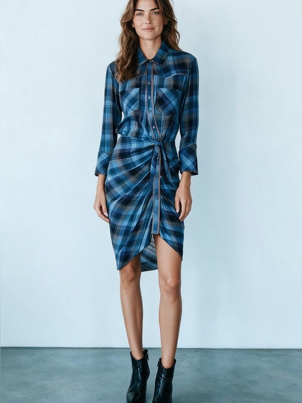 Veronica Beard Blue Sierra Plaid Wrap Midi Shirt Dress Size 2